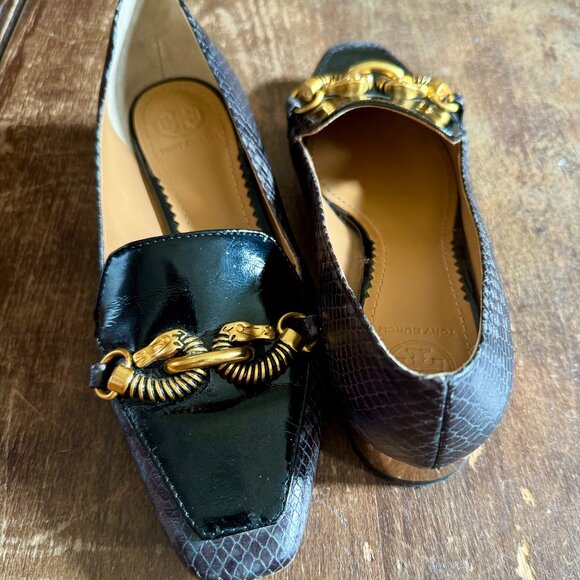 TORY BURCH Jessa black & grey leather buckle horse head block heel loafer 6M - Picture 3 of 12